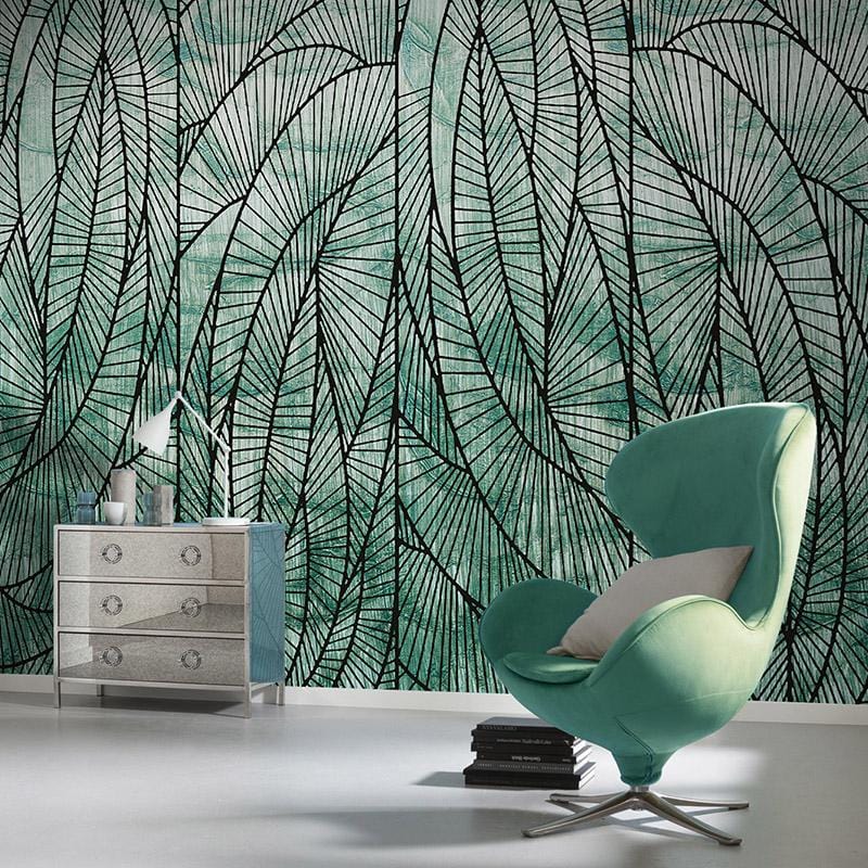 Emerald Green Geometric Leaf Wallpaper, modern room, turquoise chair, silver chest, white flooring.