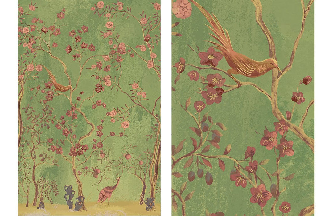 Vintage Green Floral Bird Paradise Mural Wallpaper - Classic Nature Style