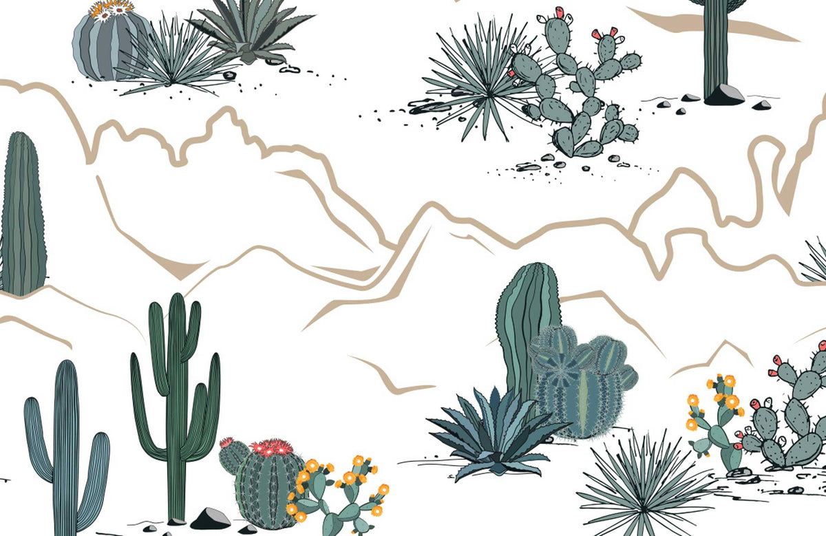 Cactus Desert Landscape Mural Wallpaper with Green Beige Illustrations - Eco-Friendly Design
