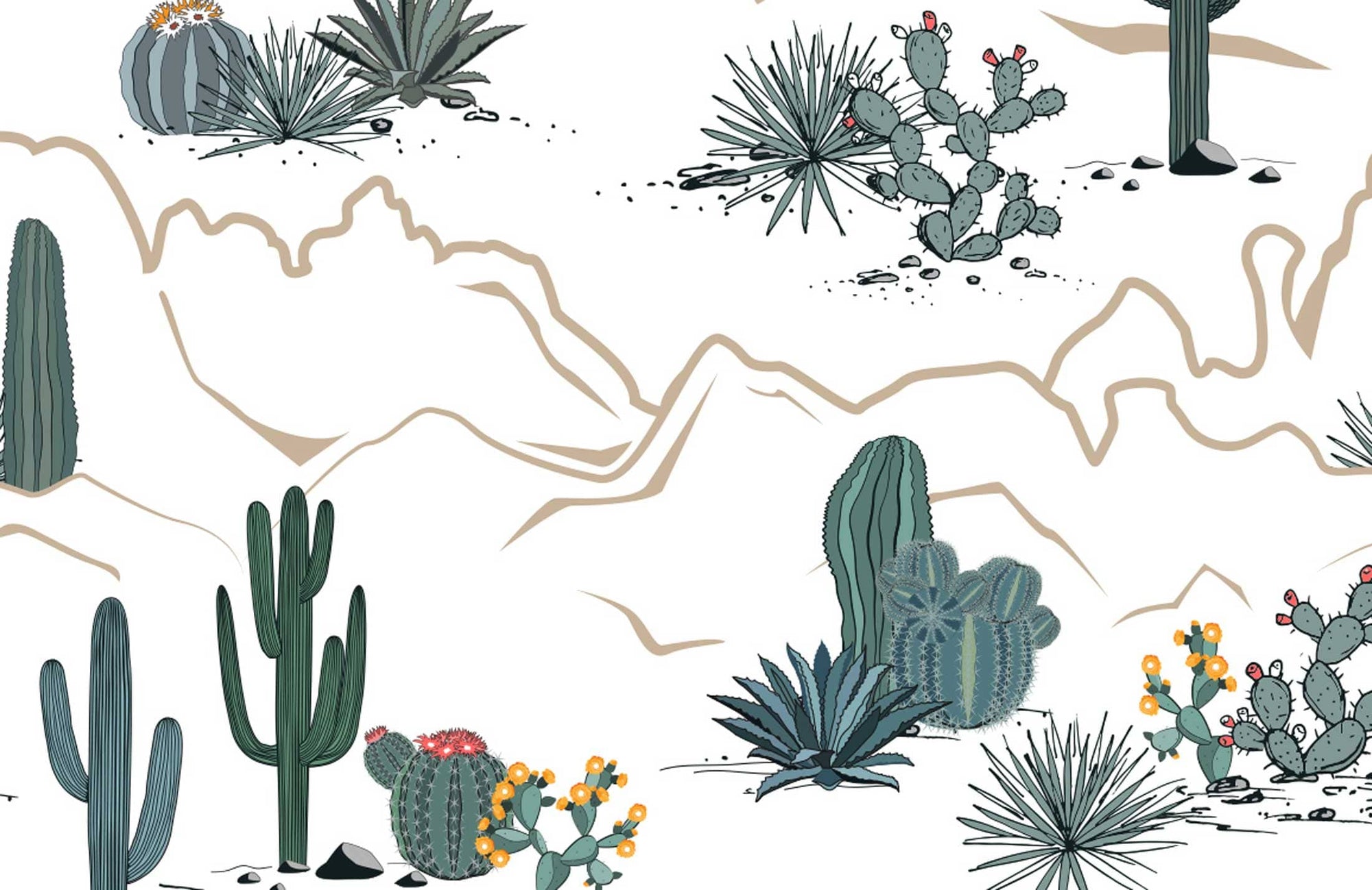 Cactus Desert Landscape Mural Wallpaper with Green Beige Illustrations - Eco-Friendly Design