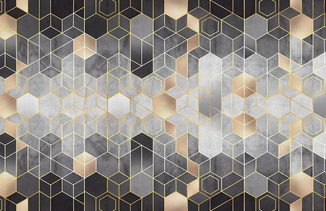 Elegant Geometric Hexagonal Pattern Wallpaper in Gold, Grey, and Black Tones