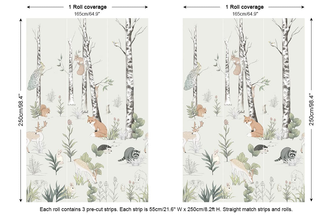 Enchanted Woodland Creatures Pastel Wall Mural, kids' room Décor, dimensions included for design clarity.