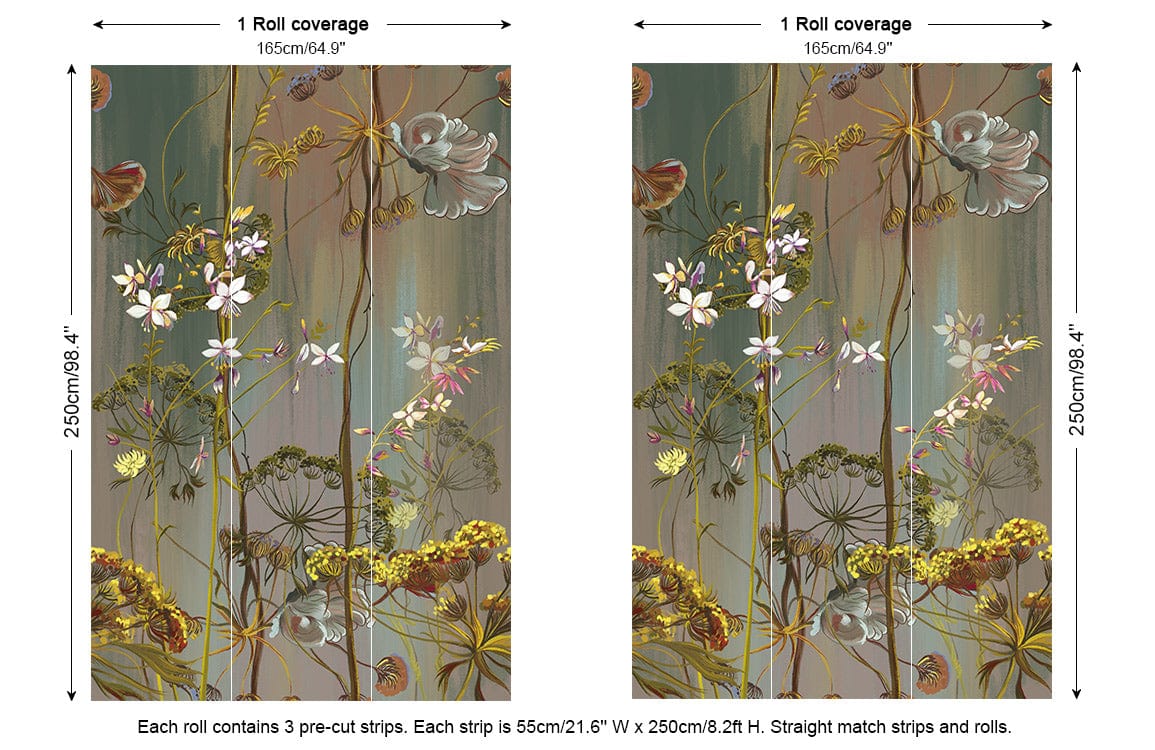 Elegant autumnal botanical wallpaper; earthy tones with floral design. Dimensions: 155cm x 250cm. Autumnal decor.