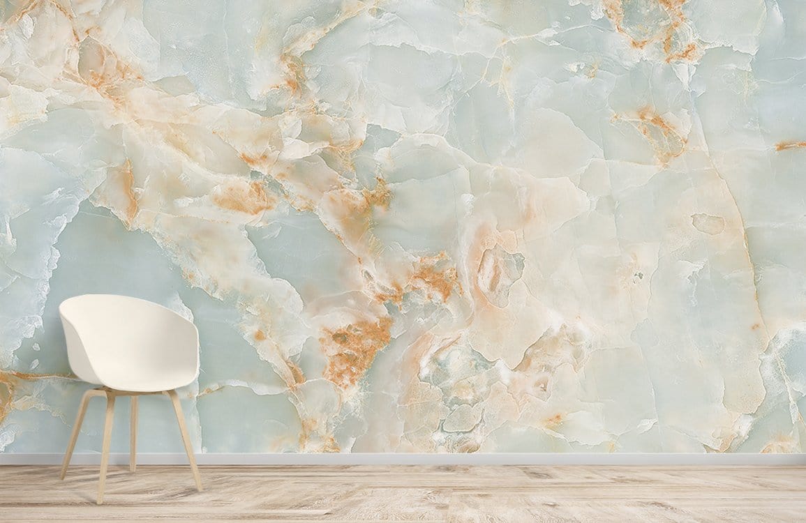 Ethereal Aqua Coral Marble Wallpaper in room with white chair, wooden floor, luxurious decor style.