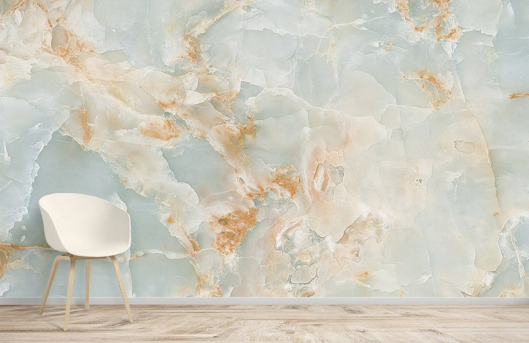Ethereal Aqua Coral Marble Wallpaper in room with white chair, wooden floor, luxurious decor style.