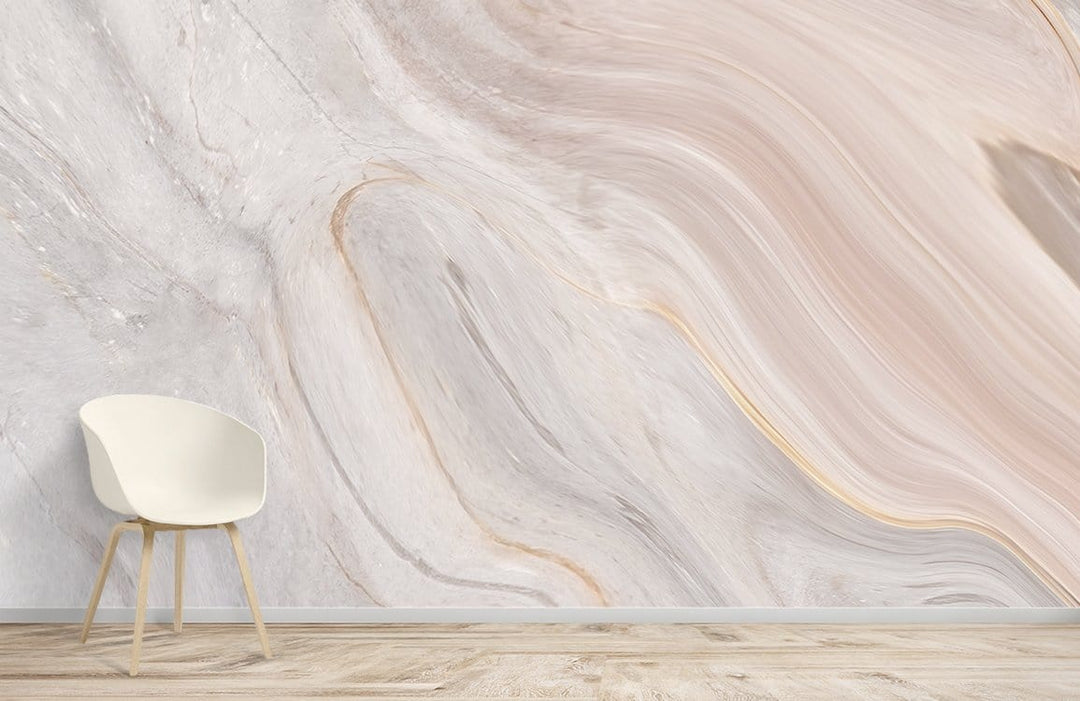 Elegant marble swirl wallpaper in soft peach tones, modern chair, wooden flooring, minimalistic room setting.