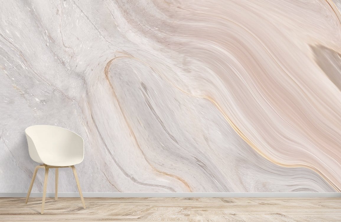 Elegant marble swirl wallpaper in soft peach tones, modern chair, wooden flooring, minimalistic room setting.