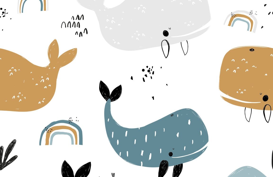 Charming Nautical Adventure Whale Pattern Kids' Wallpaper in Blue and Ochre