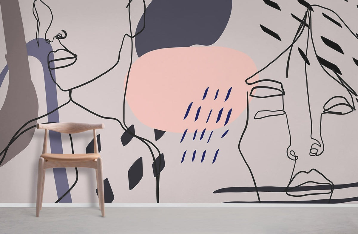 Abstract Faces Line Art Wallpaper with wooden chair, minimalist design, in modern room decor.
