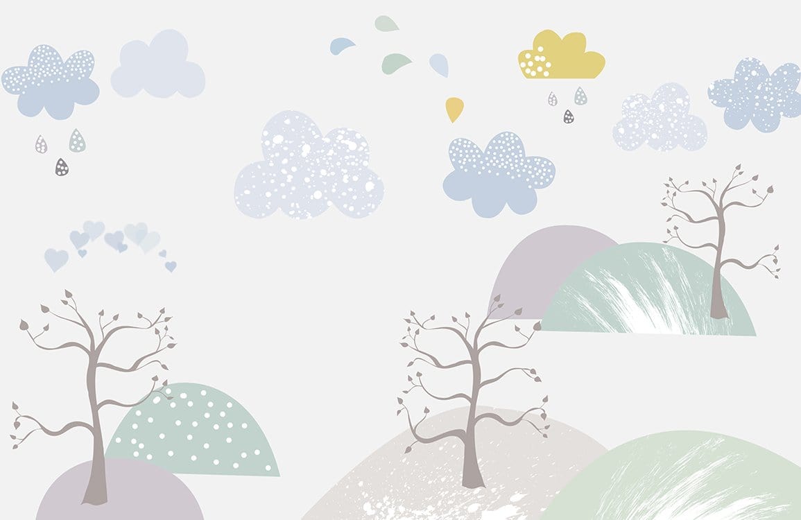 Whimsical Pastel Nature Landscape Mural Wallpaper with Clouds and Trees Design