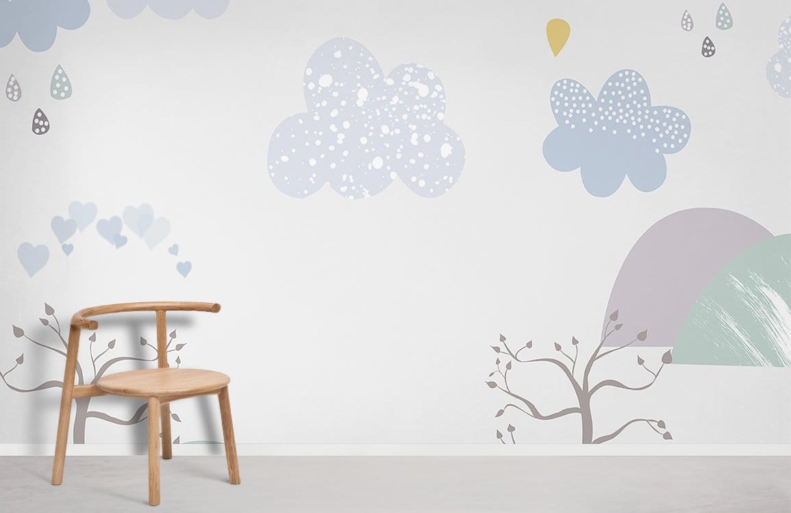 Whimsical landscape mural wallpaper with clouds, trees, wooden chair, in modern room style.
