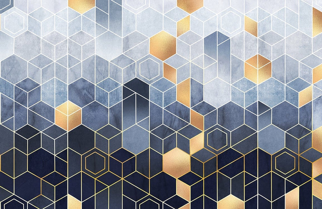 Geometric Blue and Gold Modern Style Mural Wallpaper for Sophisticated Homes