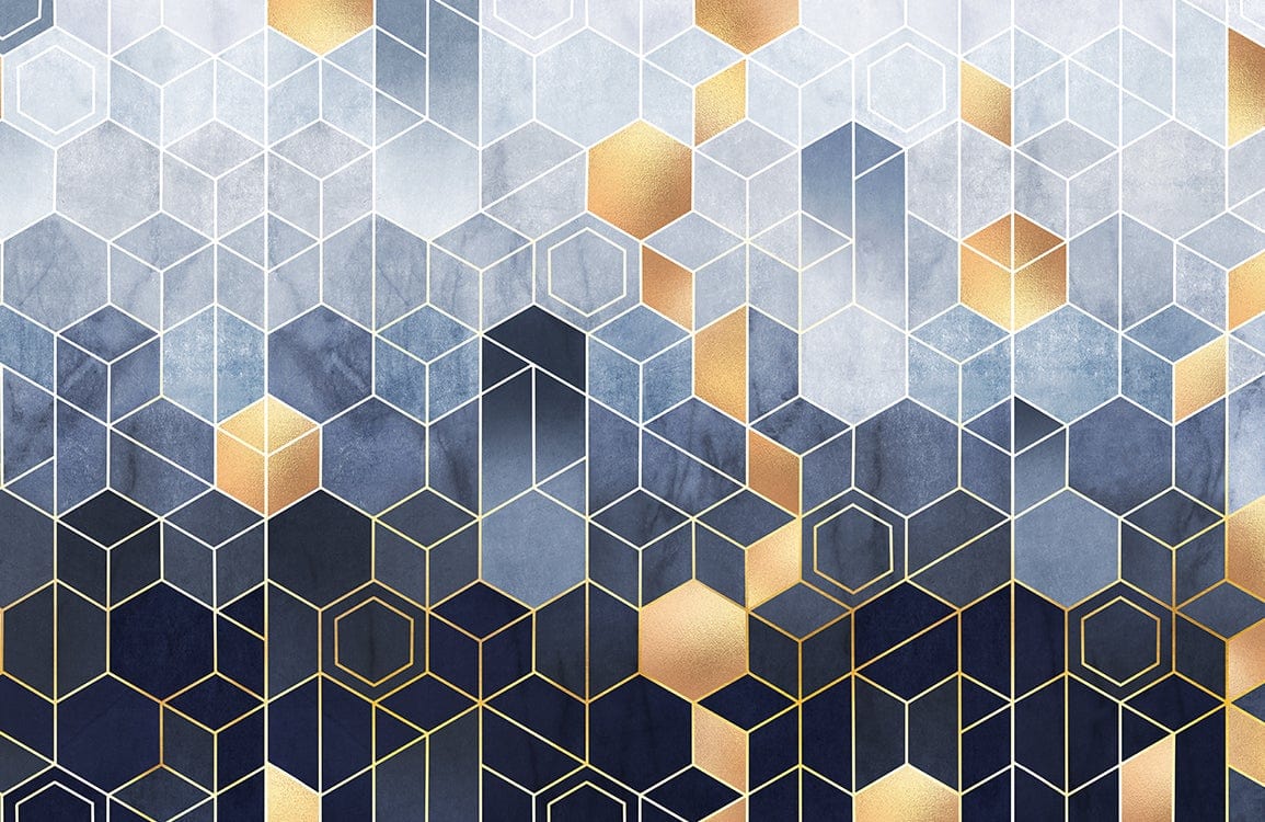 Geometric Blue and Gold Modern Style Mural Wallpaper for Sophisticated Homes