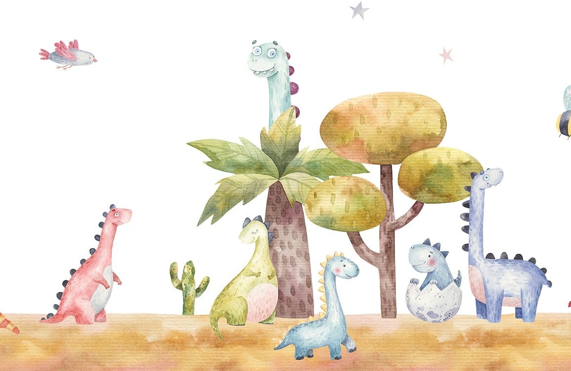 Whimsical Dinosaurs Children's Mural Wallpaper - Colourful Watercolour Jungle Adventure