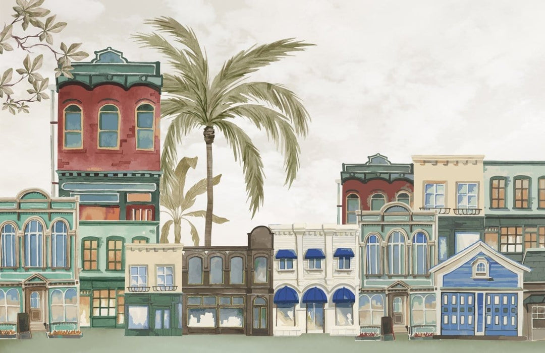 Vintage Urban Landscape Mural Wallpaper in Soft Pastel Watercolour Style