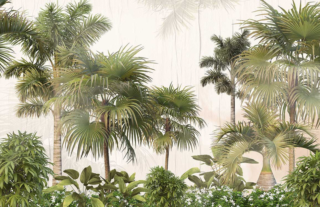 Tropical Oasis Mural Wallpaper: Green Palm Trees, Lush Botanical Paradise.