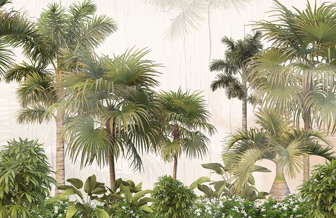 Tropical Oasis Mural Wallpaper: Green Palm Trees, Lush Botanical Paradise.