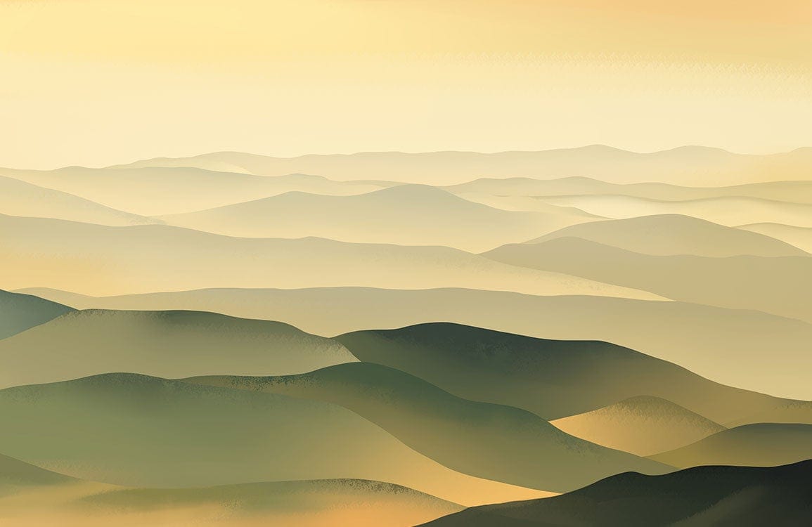 Golden Sunset Mountain Landscape Mural Wallpaper in Serene Earth Tones