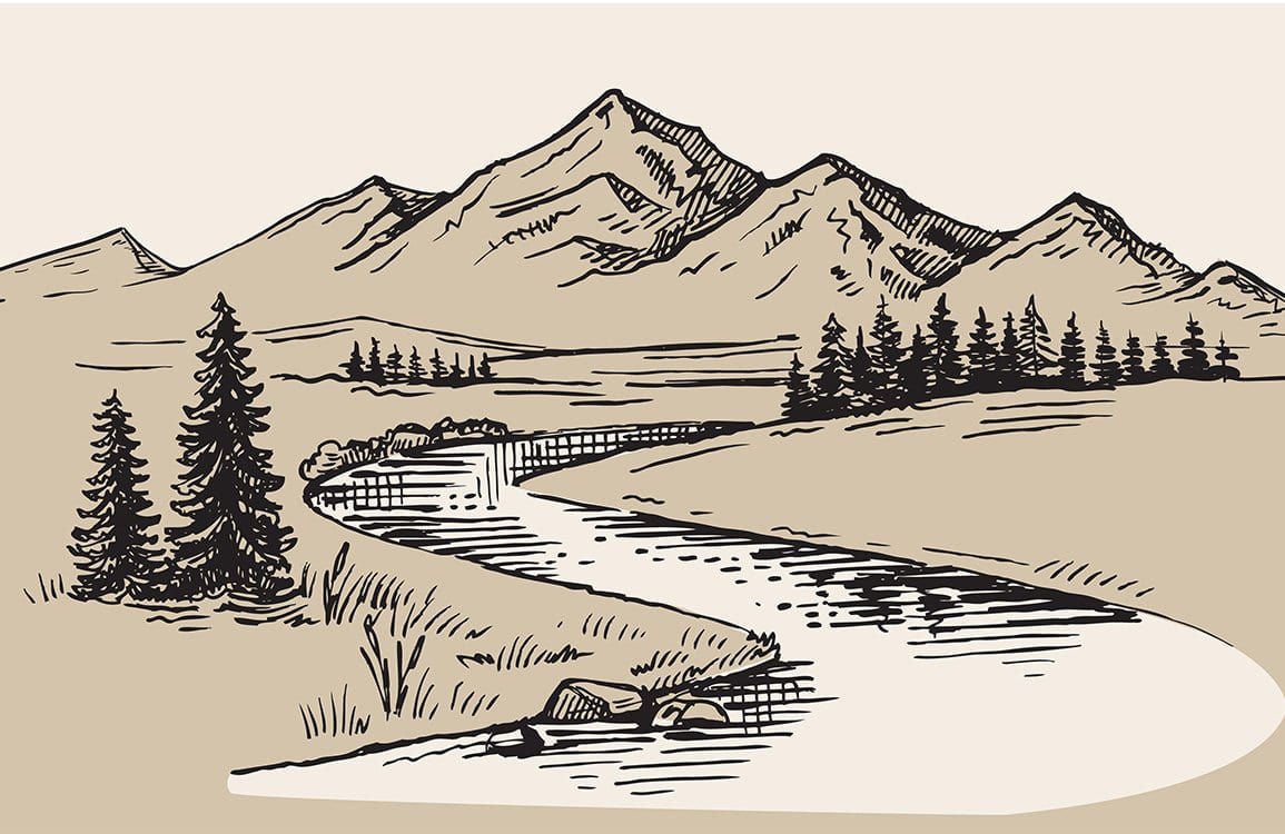 Tranquil Mountain Scene: Beige and Black Hand-Drawn Landscape Mural Wallpaper