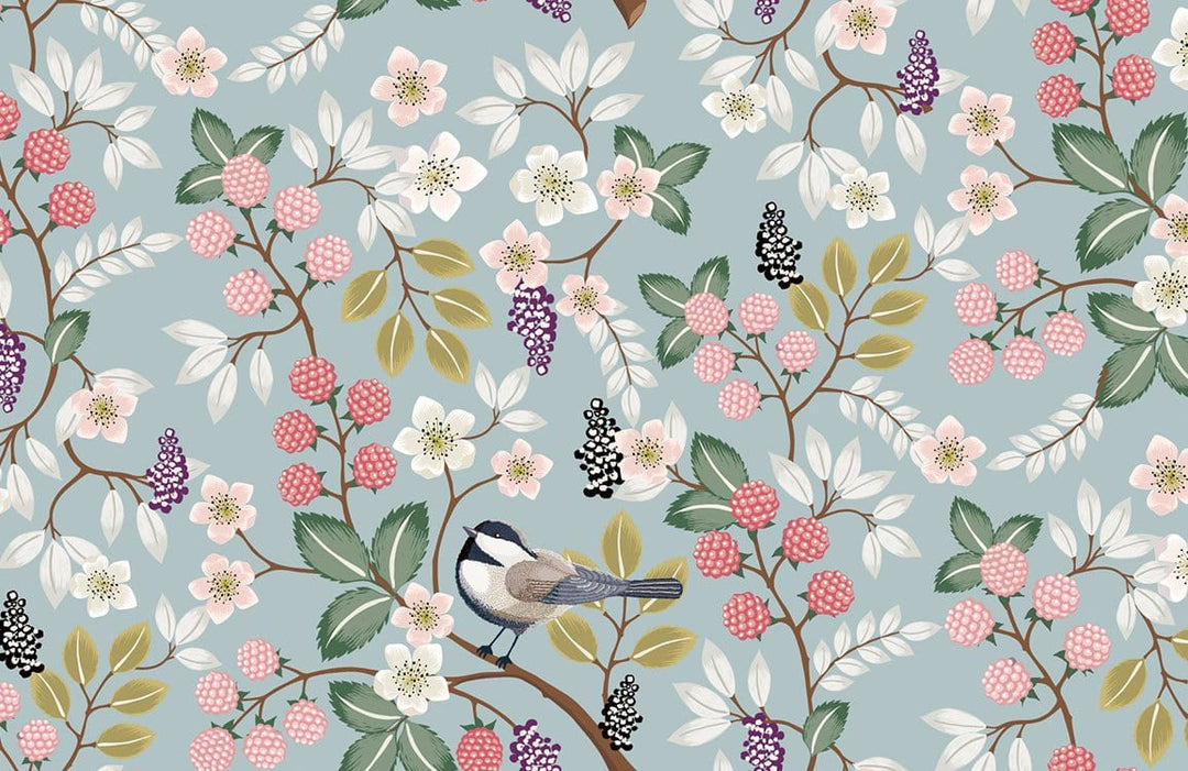 Floral Vintage Bird Wallpaper with Pastel Berry Patterns on Blue Background