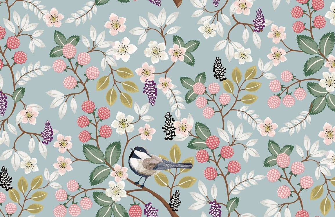 Floral Vintage Bird Wallpaper with Pastel Berry Patterns on Blue Background