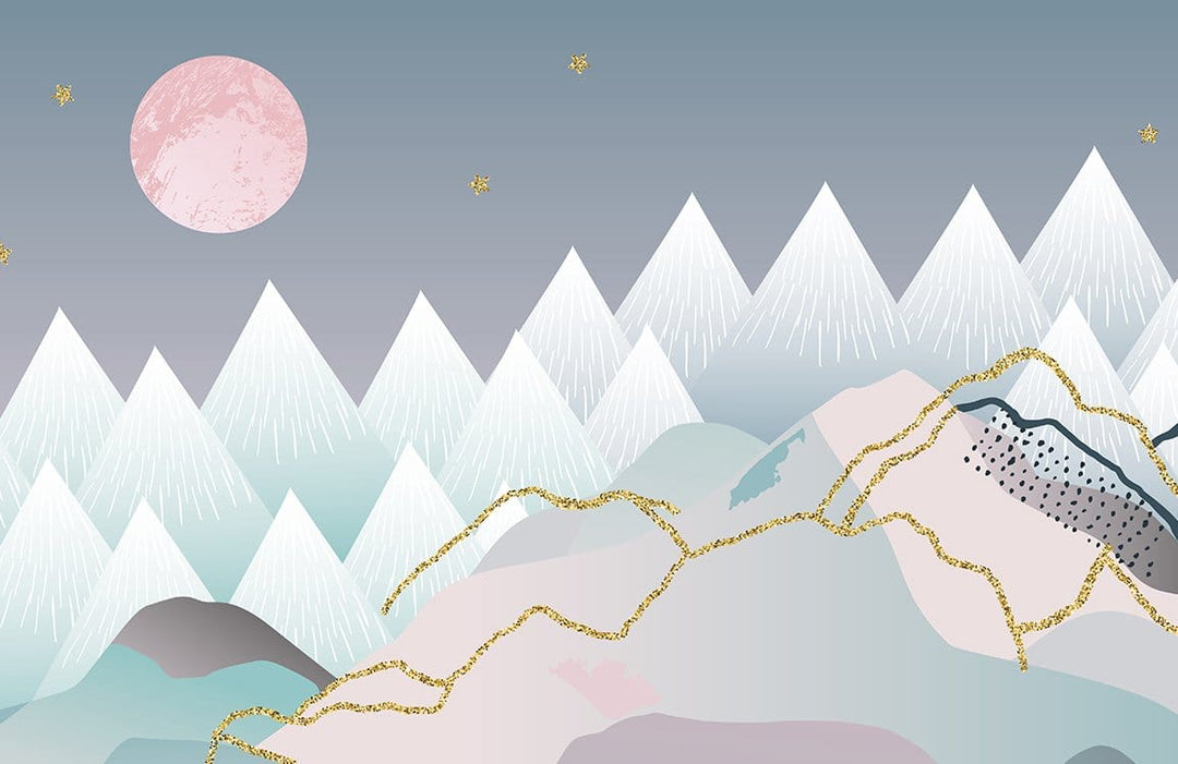 Dreamy Mountain Landscape Mural Wallpaper in Pink and Blue Pastel Tones