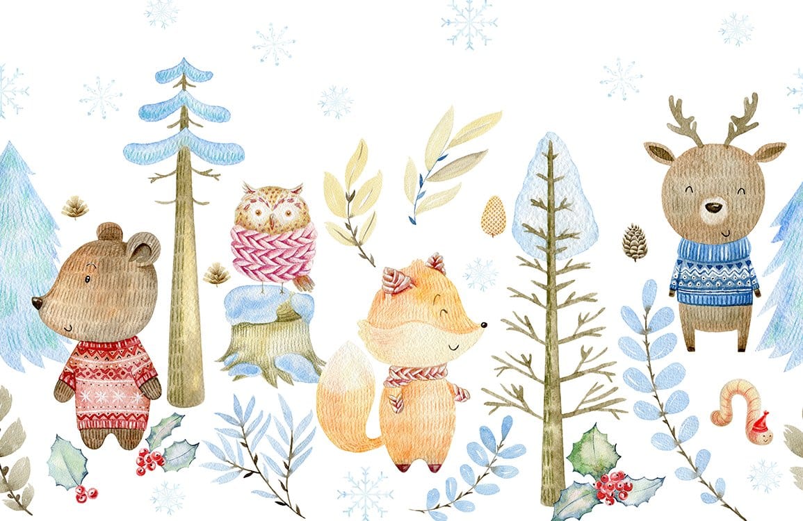 Whimsical Woodland Creatures Winter Mural Wallpaper for Children's Rooms