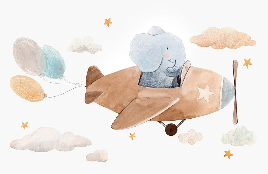 Charming Elephant Adventure in Pastel Skies Nursery Mural Wallpaper