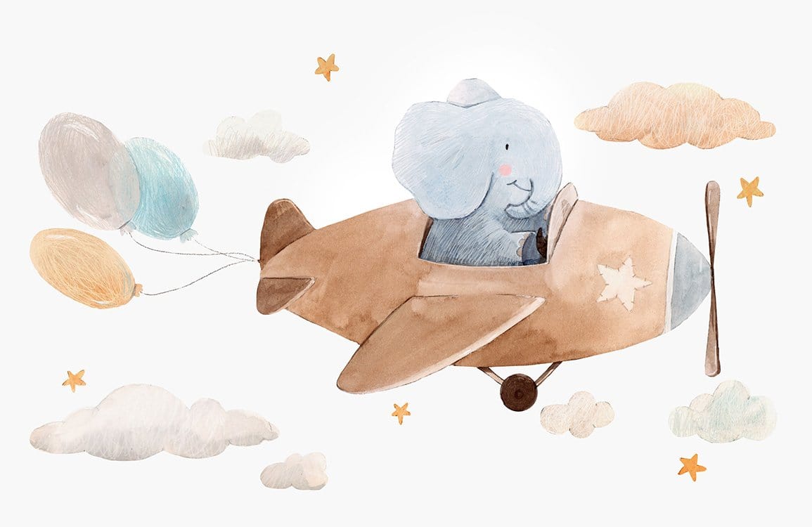Charming Elephant Adventure in Pastel Skies Nursery Mural Wallpaper