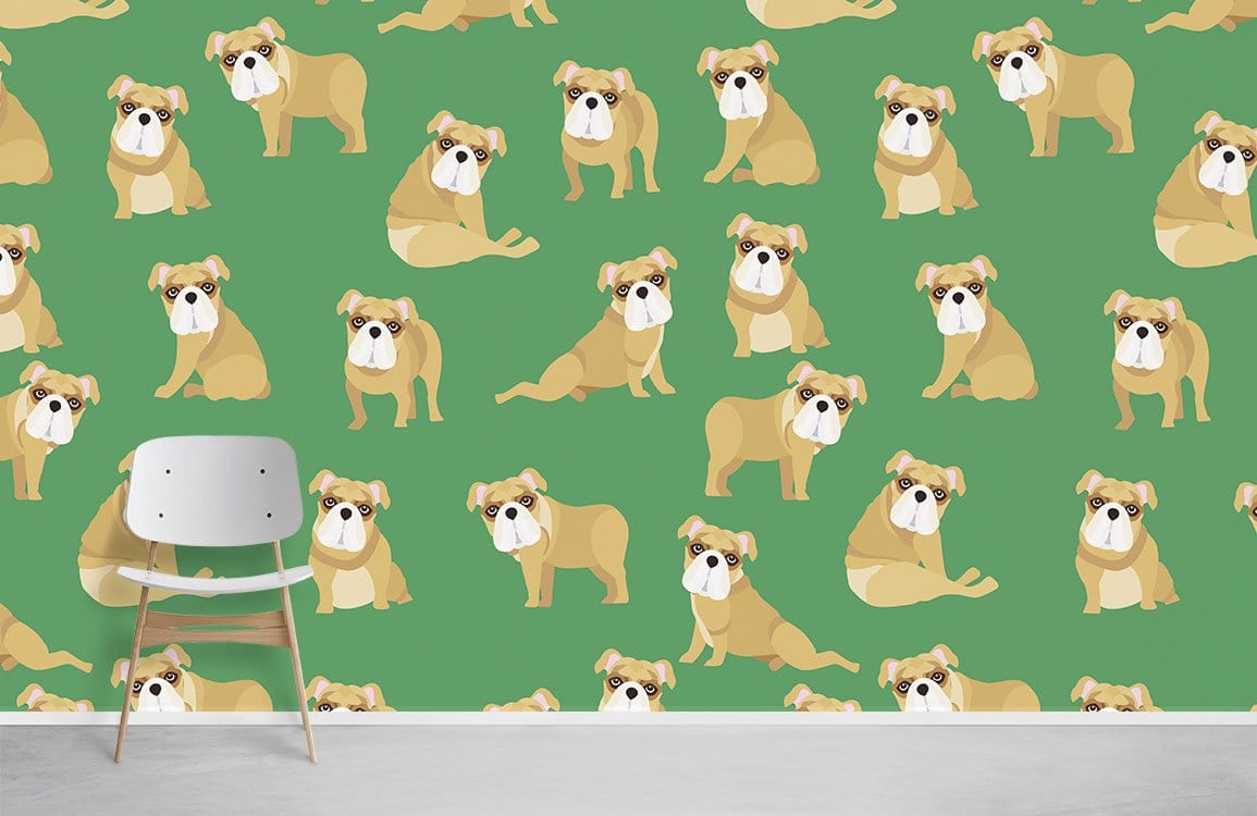 Charming British Bulldog Green Wallpaper with playful canine pattern, white chair, minimalist room decor.