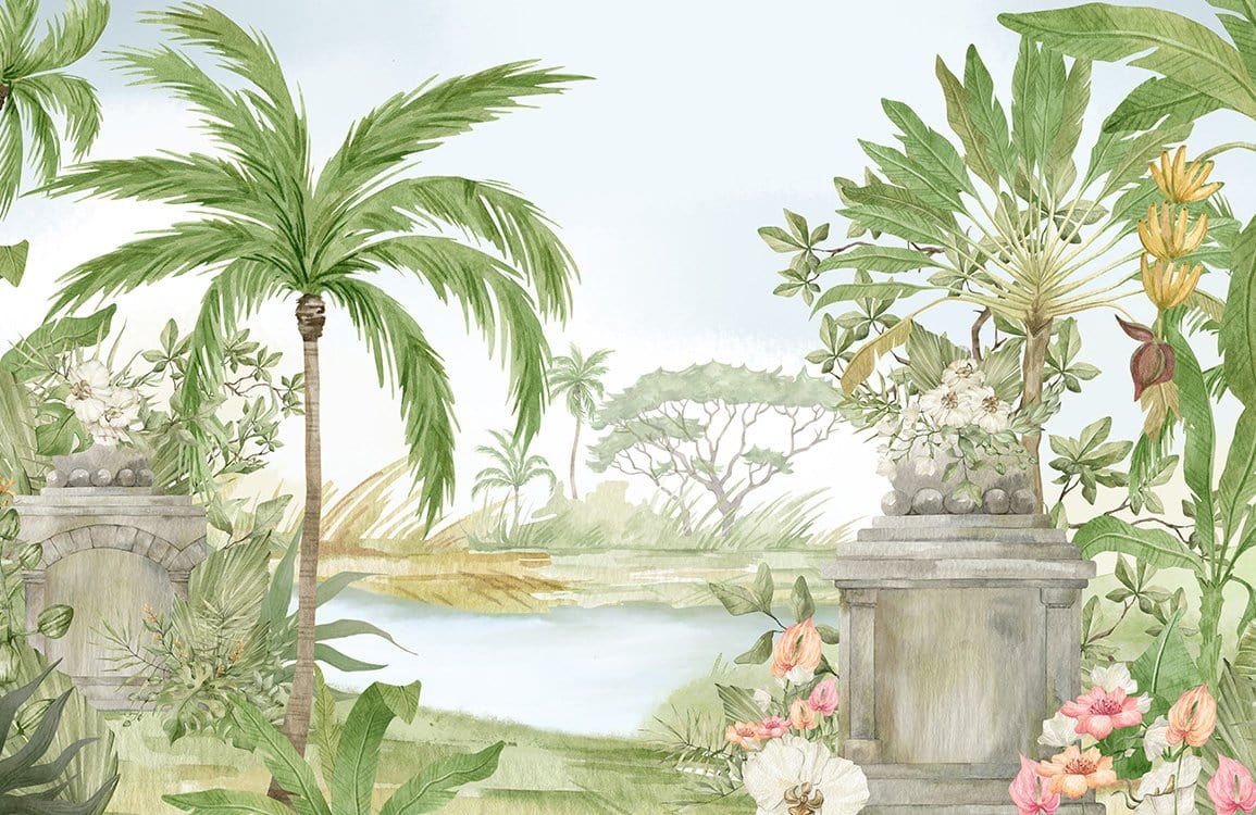 Tropical Oasis Mural Wallpaper: Lush Green Palm Paradise with Floral Accents
