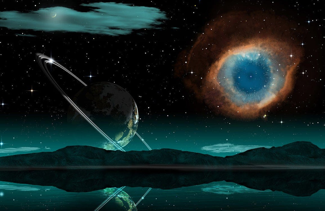 Spectacular Cosmic Landscape Mural Wallpaper with Teal Planetary Design.
