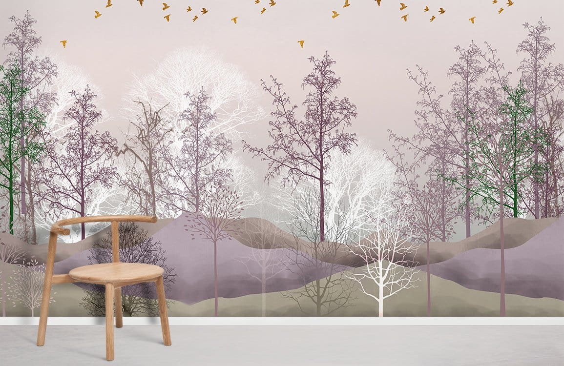 Tranquil Woodland Dreams mural wallpaper in serene landscape, featuring neutral tones and wooden chair.
