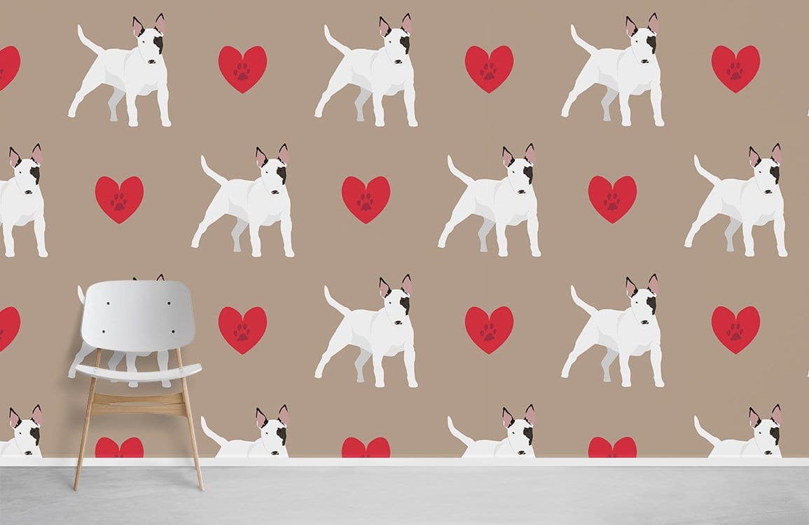 Bull Terrier and red heart wallpaper; beige background; white chair; grey flooring; modern decor style.