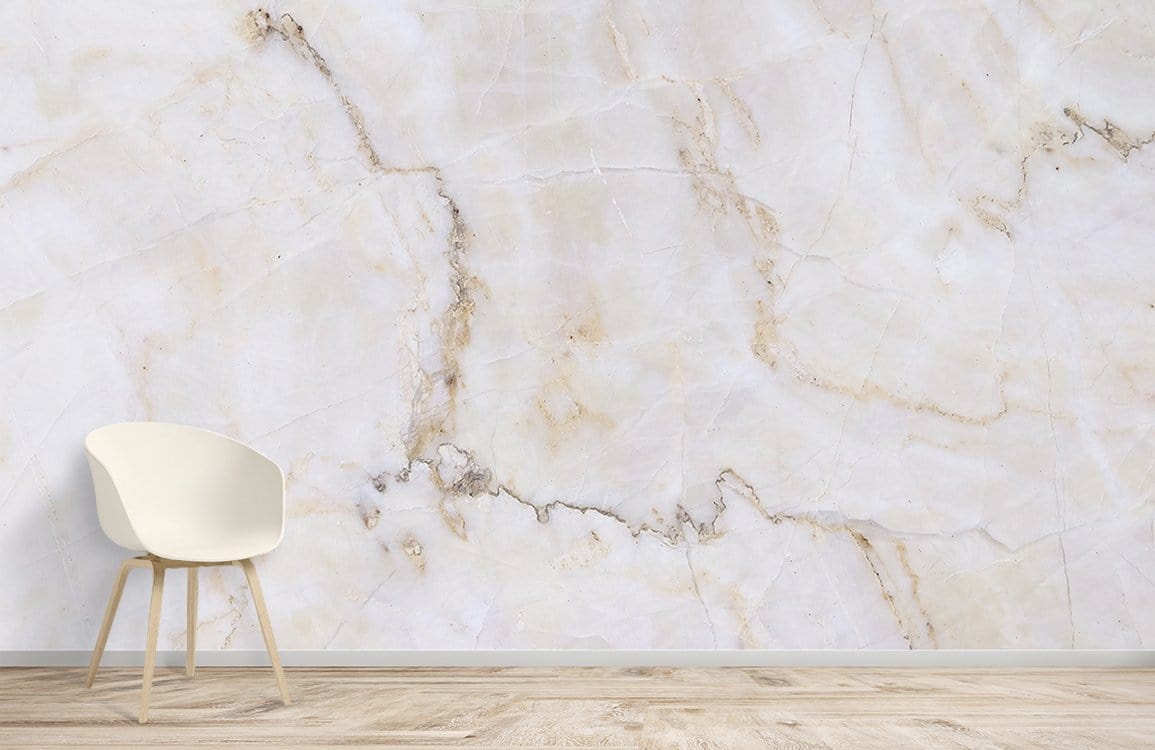 Elegant cream marble effect wall mural complements minimalist chair, light wood flooring in contemporary interior.