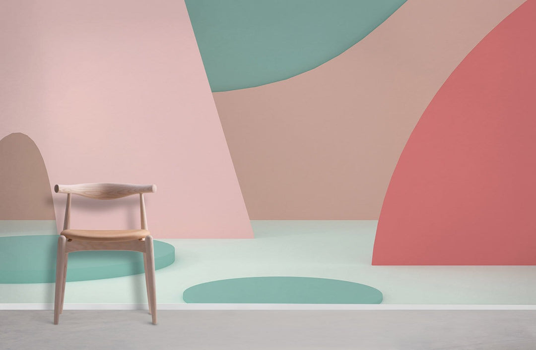 Contemporary mural wallpaper in pastel tones, light wooden chair, minimalist style, soft floor finish.