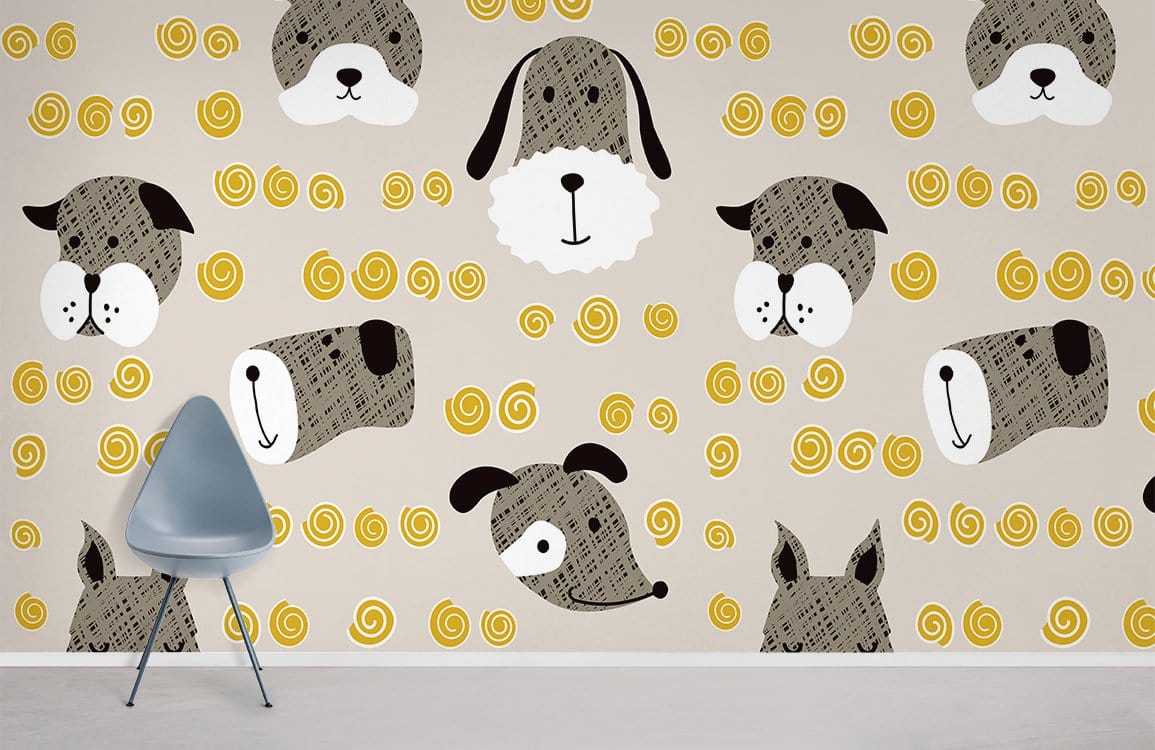 Children's room featuring playful dogs wallpaper with yellow, black, and white design; minimalist grey chair.