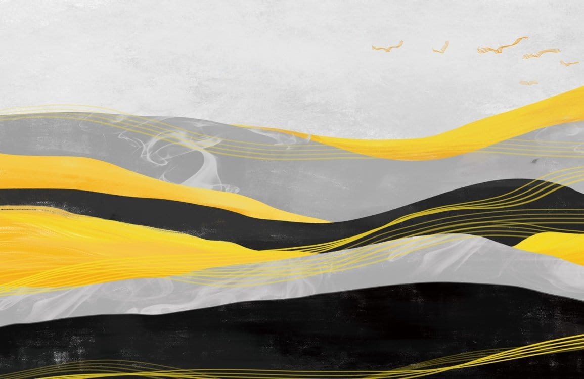 Contemporary Yellow and Grey Abstract Waves Mural Wallpaper for Stylish Interiors
