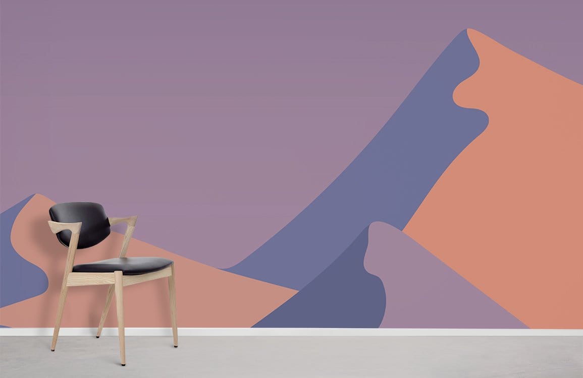 A chair complements the purple and sand desert mural wallpaper, enhancing the modern room interior.