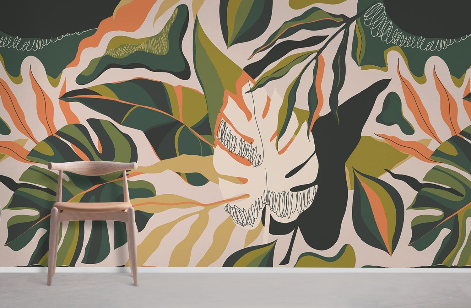 Tropical jungle leaf wallpaper in green and orange tones, wooden chair, grey flooring in living room.