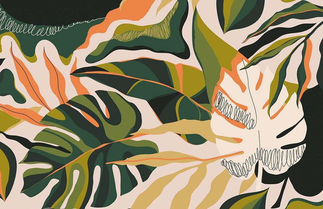 Tropical Jungle Leaf Pattern Wallpaper in Vibrant Green and Orange Tones