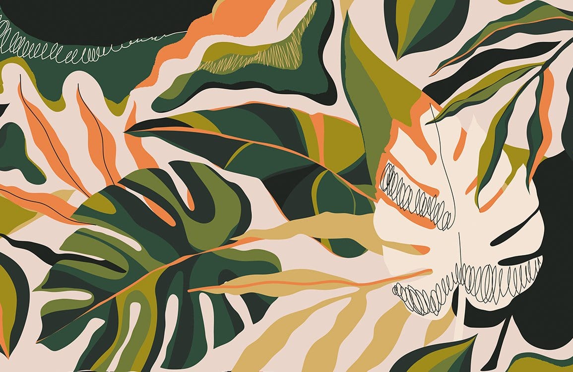 Tropical Jungle Leaf Pattern Wallpaper in Vibrant Green and Orange Tones