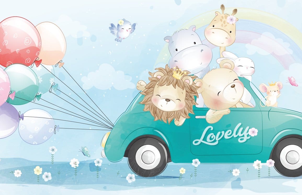 Whimsical Safari Animals Children's Wallpaper Mural with Car and Balloons Design