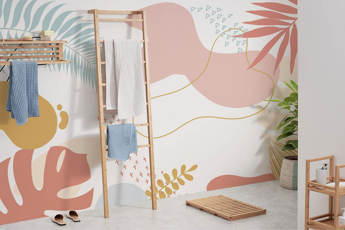 Tropical abstract botanical pastel wallpaper mural in utility room with wooden drying rack, soft flooring.