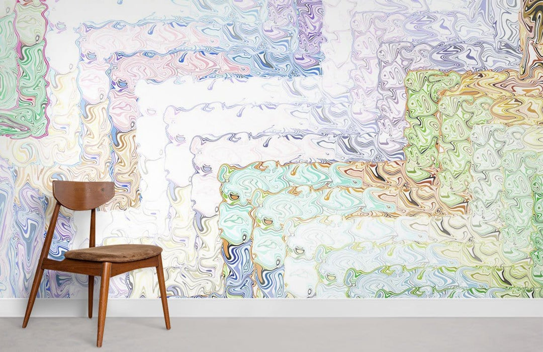Pastel Swirls Abstract Murals with wooden chair, watercolour wall art Décor in a modern room.