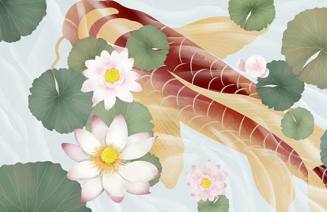 Koi and Lotus Water Garden Mural Wallpaper - Serene Oriental Elegance