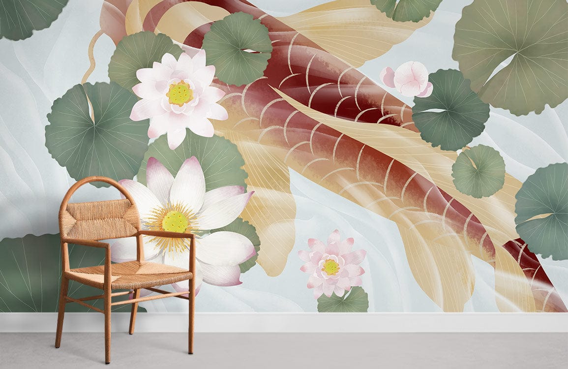 Koi and Lotus Water Garden Mural Wallpaper, featuring elegant chair and serene room decor.