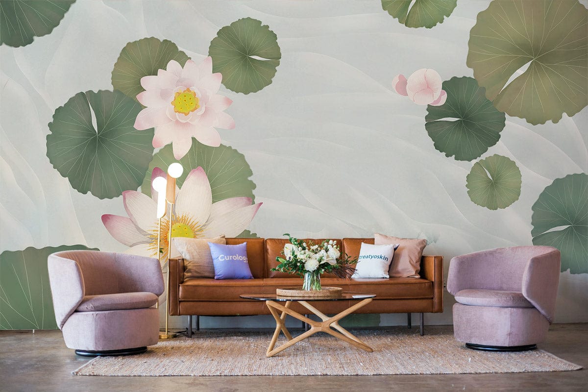 Tranquil Lotus mural wallpaper in pastel water lily design, brown sofa, pink chairs, modern living room.
