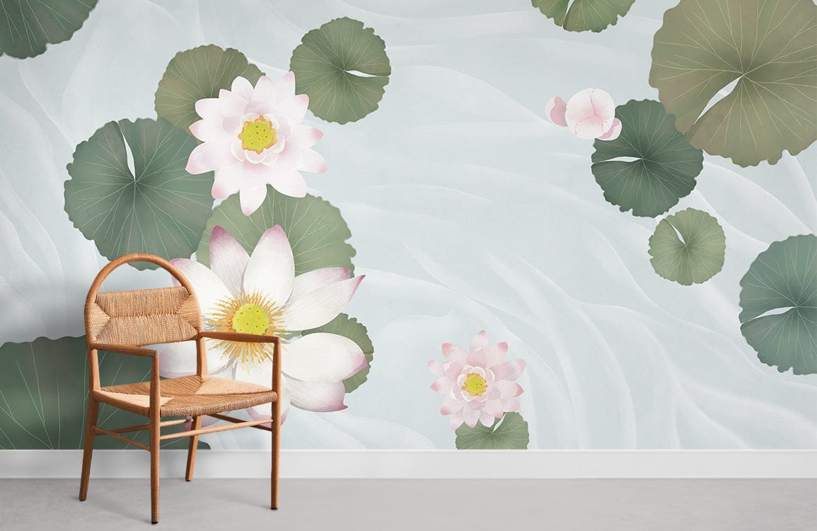 Tranquil Lotus Harmony wallpaper, soft pastel water lily design, wooden chair, stylish living room setting.