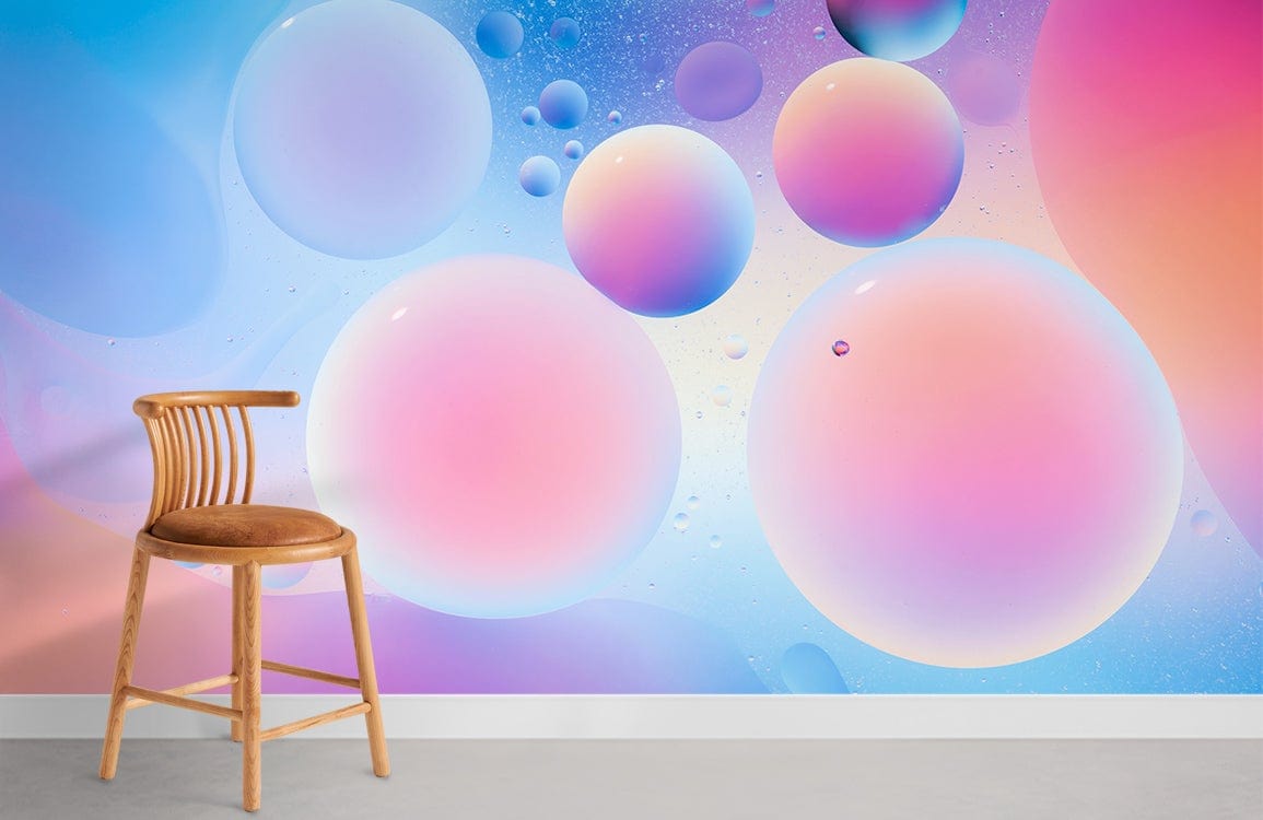 Abstract pastel bubble mural wallpaper with wooden chair on grey flooring in contemporary space.